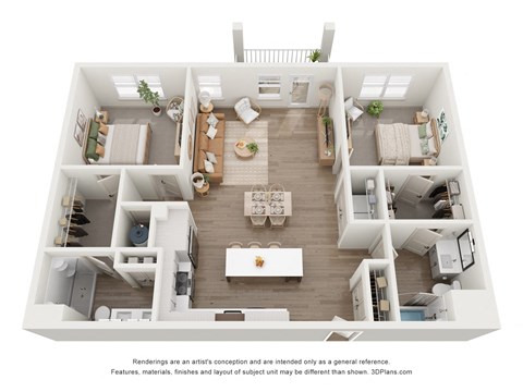 Floor plan for 2 beds, 2 baths, 1232 sqft